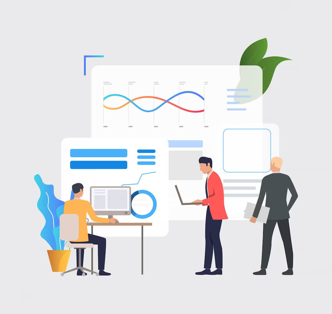 Business men working on computers and analyzing server functioning