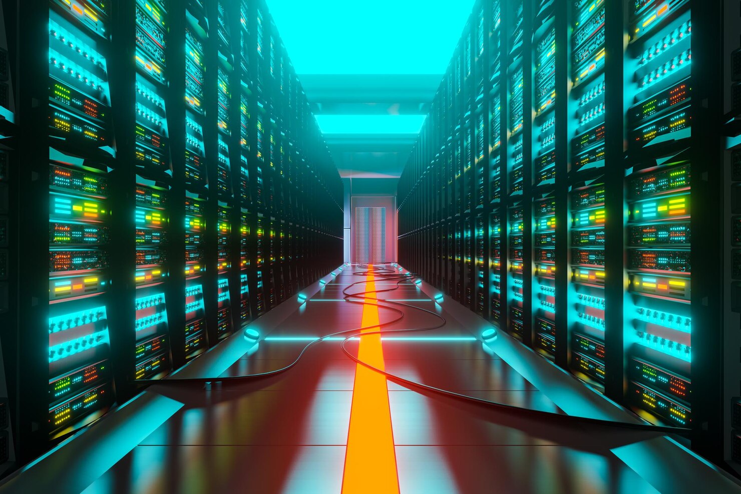 Data center with server racks in a corridor room. Servers for WordPress multisite websites