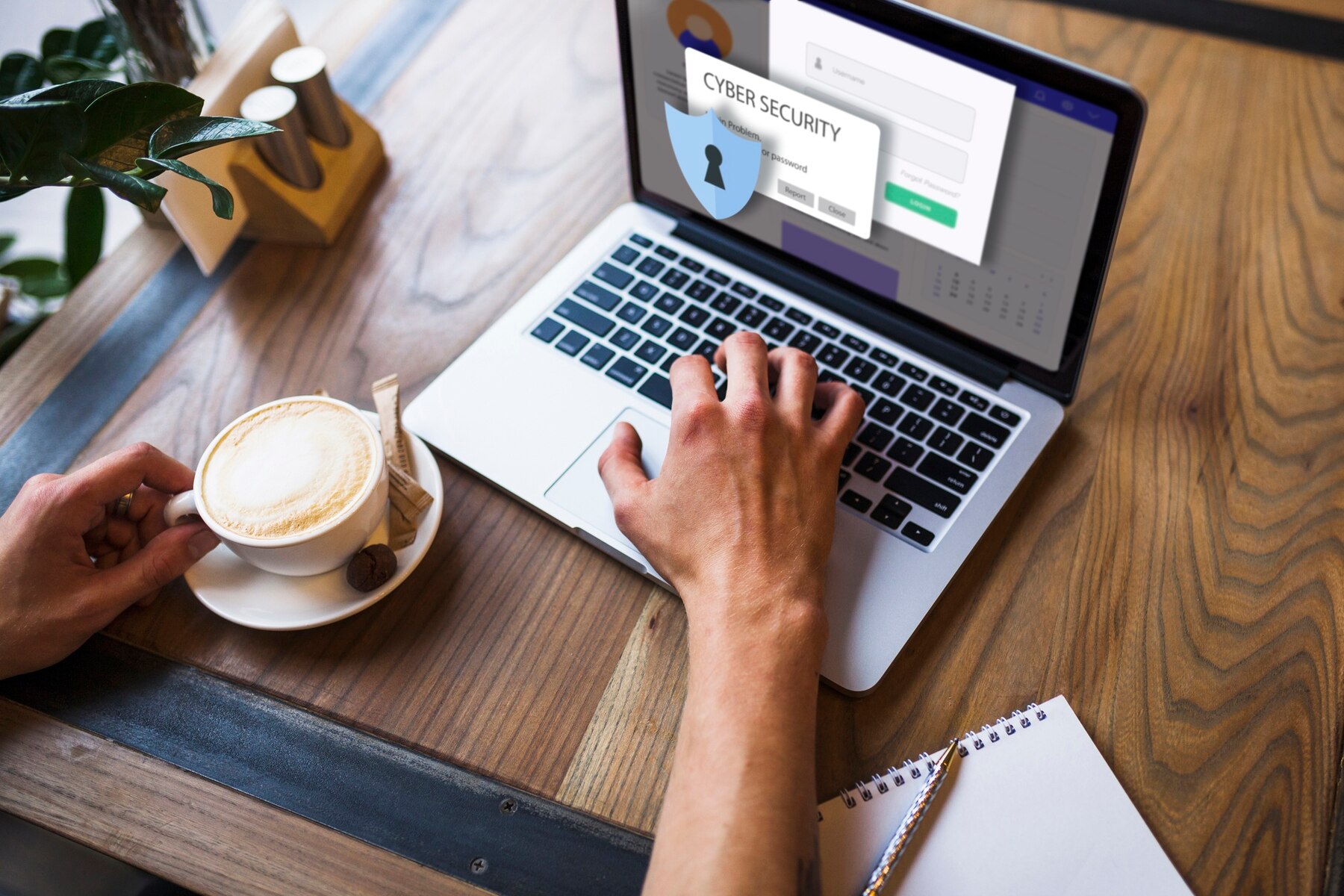 Device protected by cyber security. Data security is an outsourcing WordPress challenge