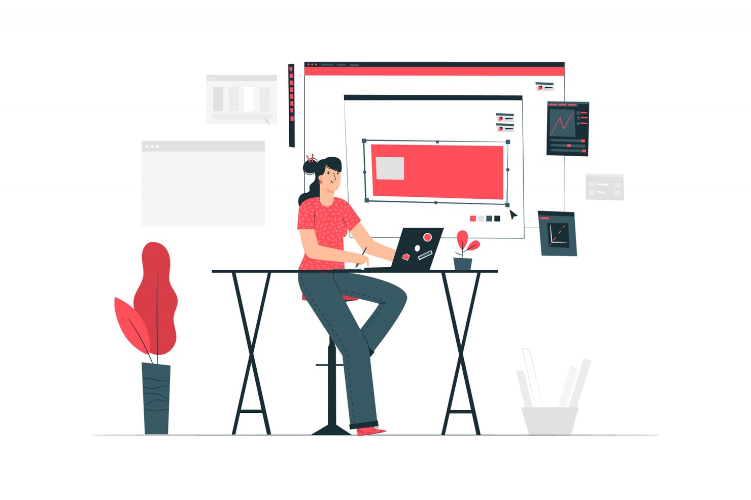 Female coder installing WordPress themes & plugins