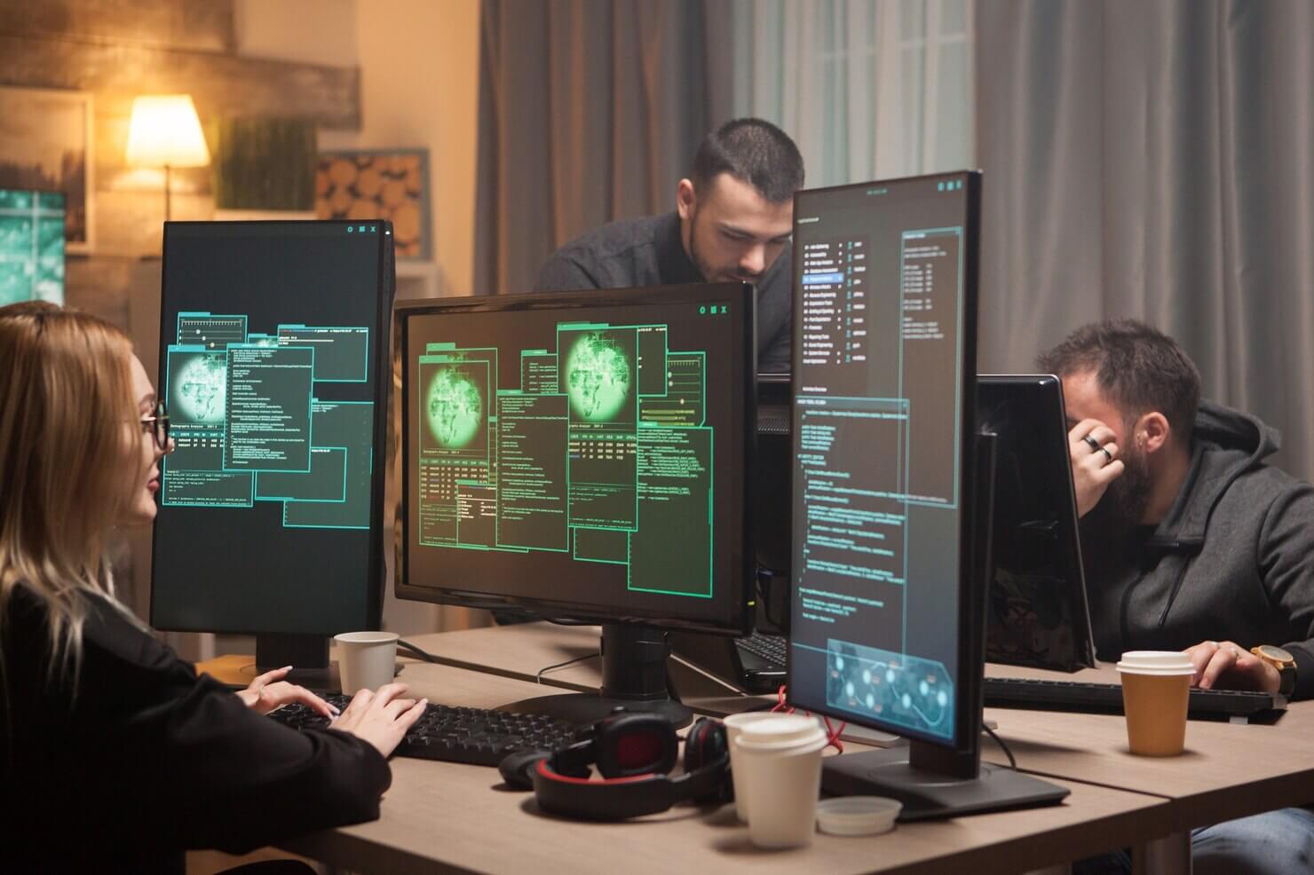 Female hacker with her team of cyber terrorists making a dangerous virus to attack WordPress site