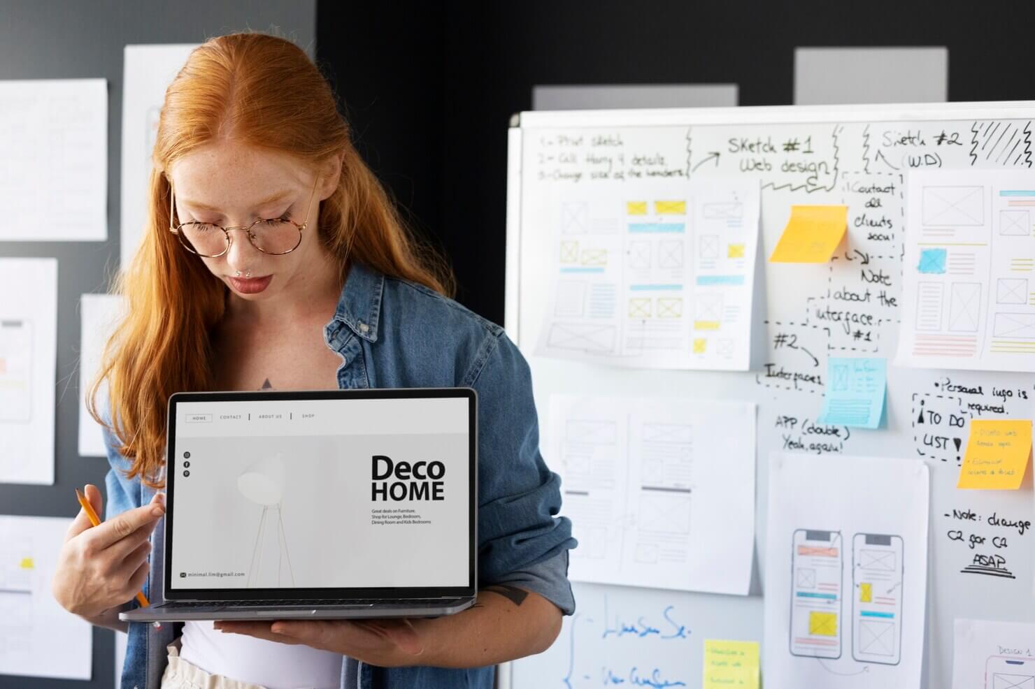 Female web designer in the office with laptop. Showcasing typography on laptop for home decor site