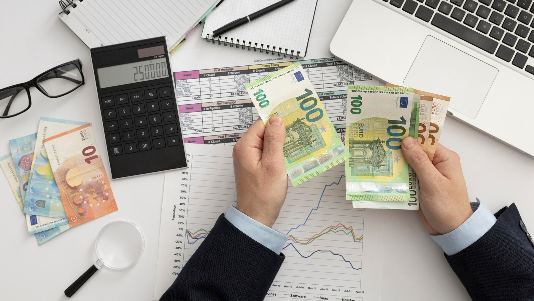 Flat lay business man checking finance manners. White-labeled services are cost effective
