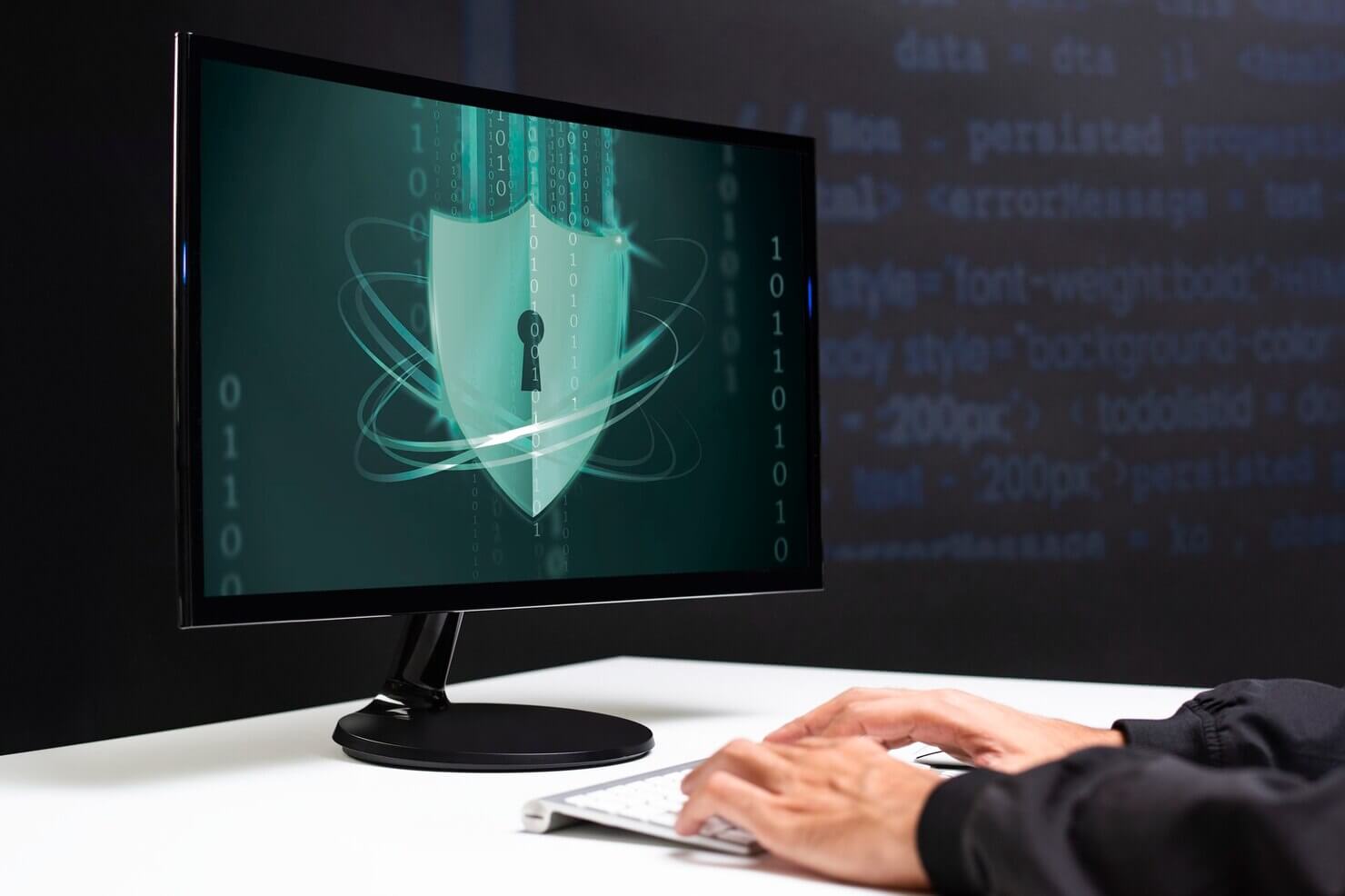 Hacker cracking the binary code data security. Malware removal needed for hacked site