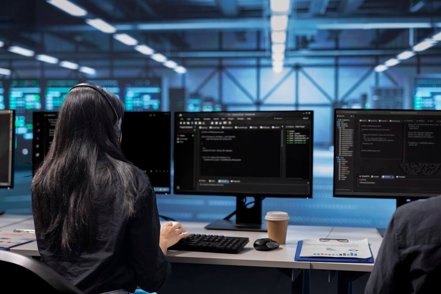 IT professional working at her desk, customizing CSS and Javascript to create microinteractions
