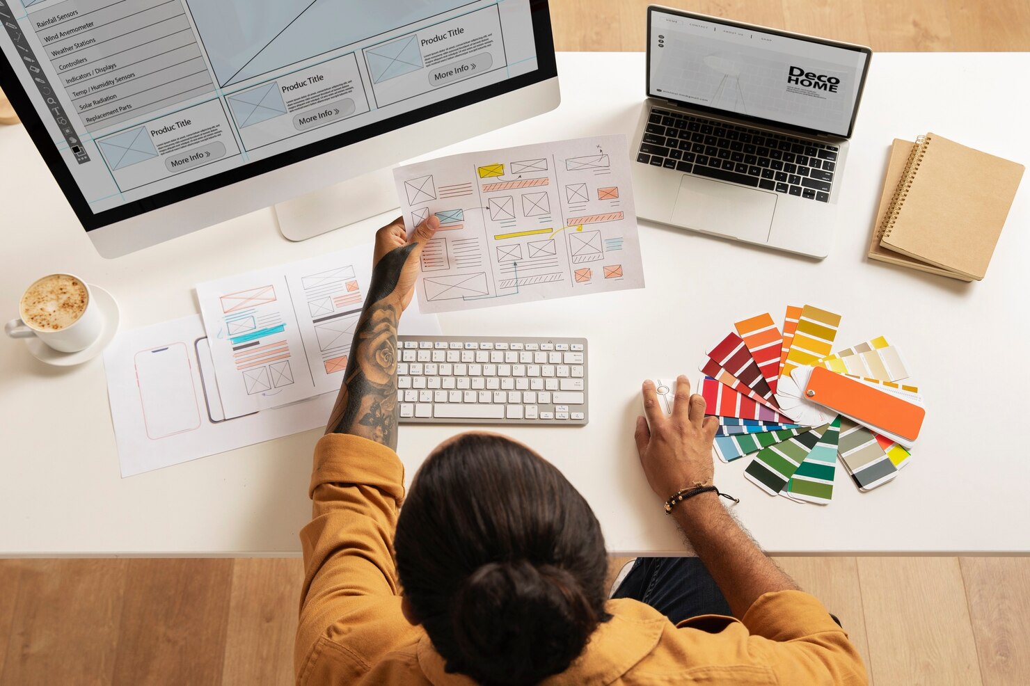 Man working at desk to add visual interest. Strong visual hierarchy great example on computer screen