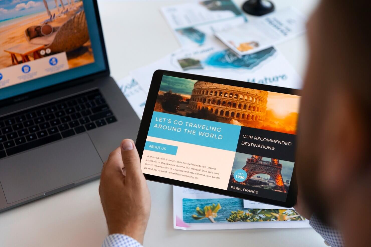 Man working on crafting content for website about travels