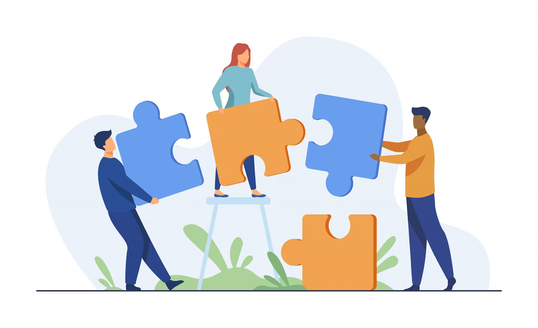 Partners holding big jigsaw puzzle pieces. Integrating third party apps to WordPress site