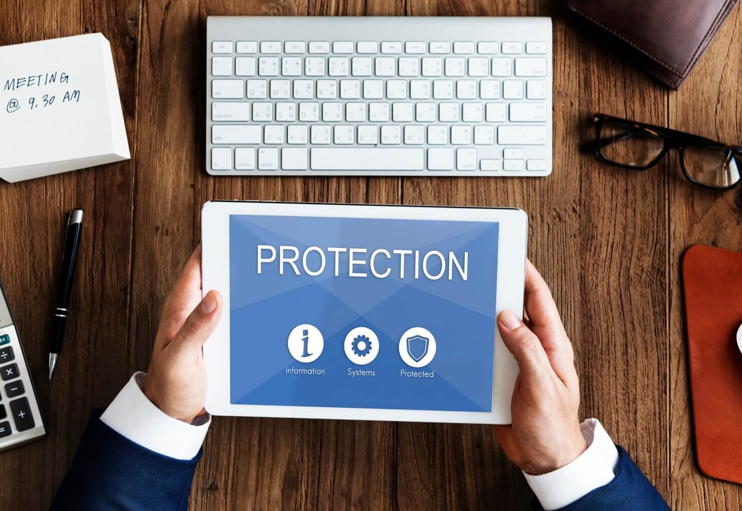 Privacy Security Data Protection Shield on a tablet. Website audits trends include data privacy and security
