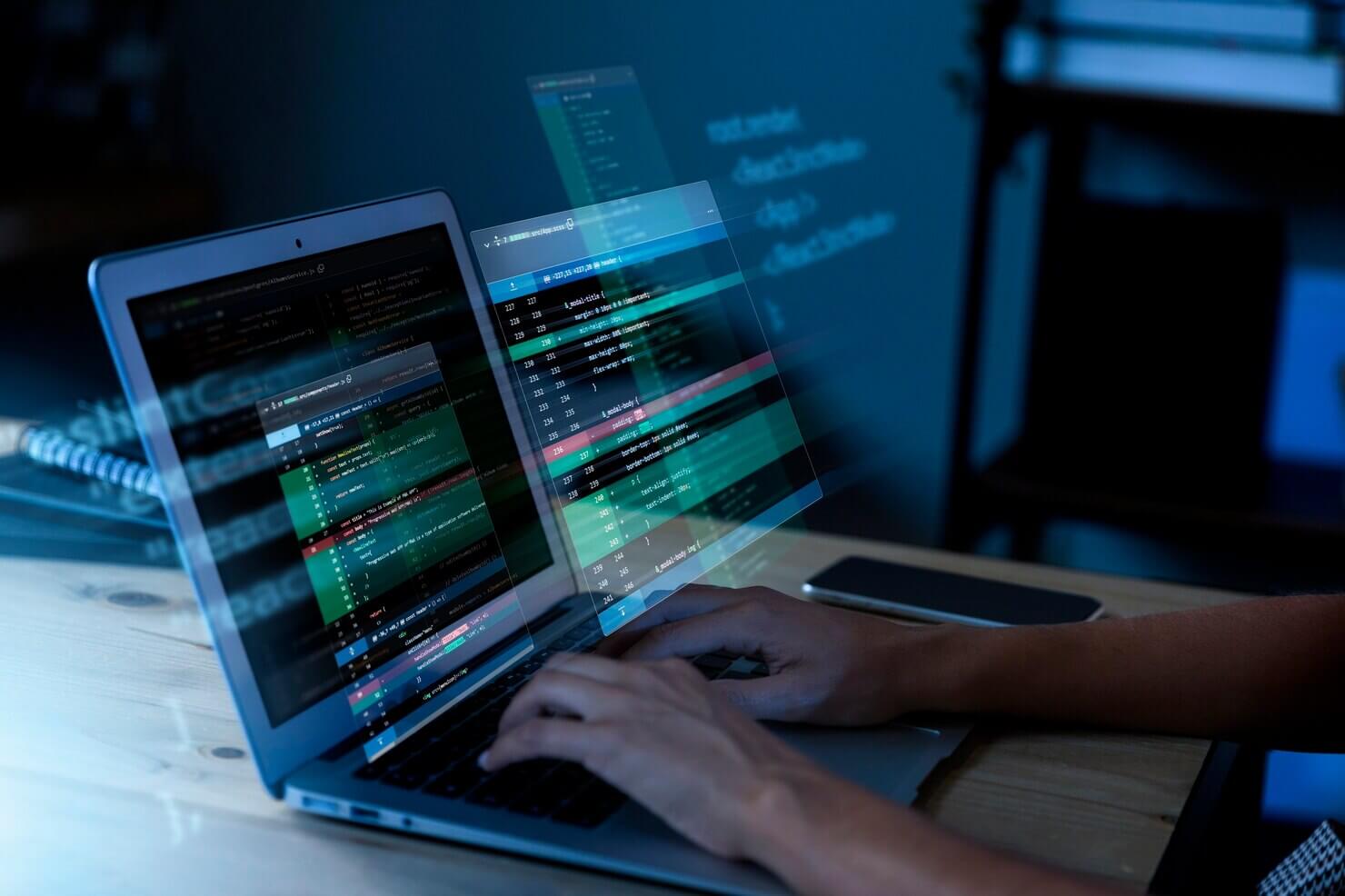 Programming background with person working with codes on computer. Developer creating custom wordpress themes