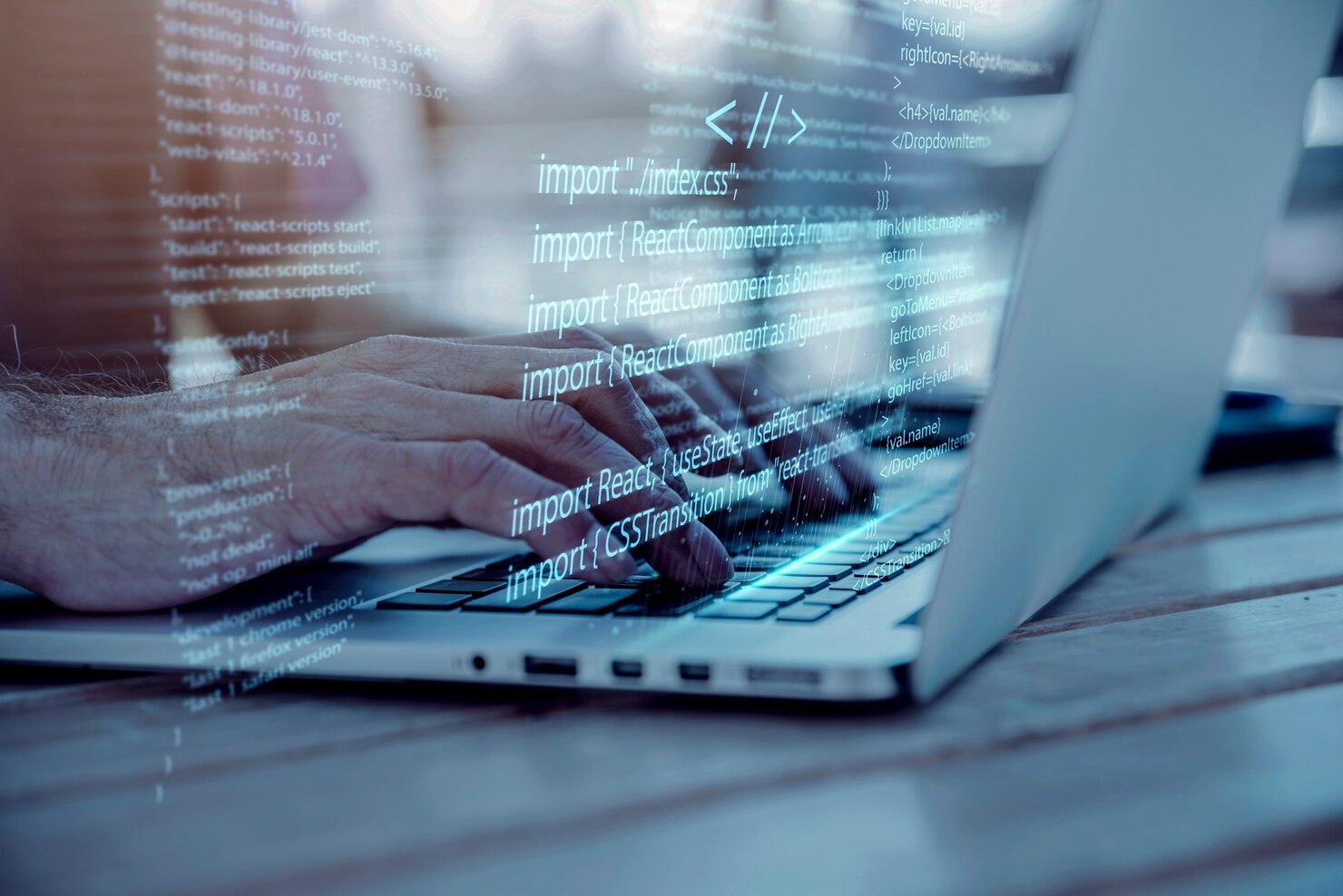 Programming background with person working with codes on computer. Version control system to monitor changes on website