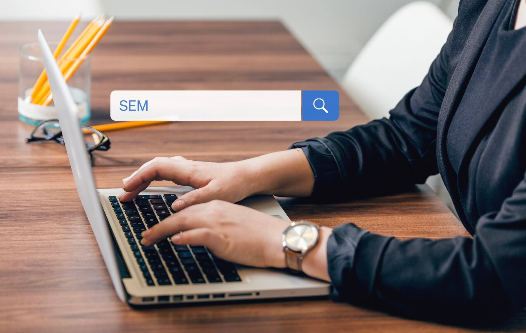 Search engine marketing. Person doing keyword research for blog post