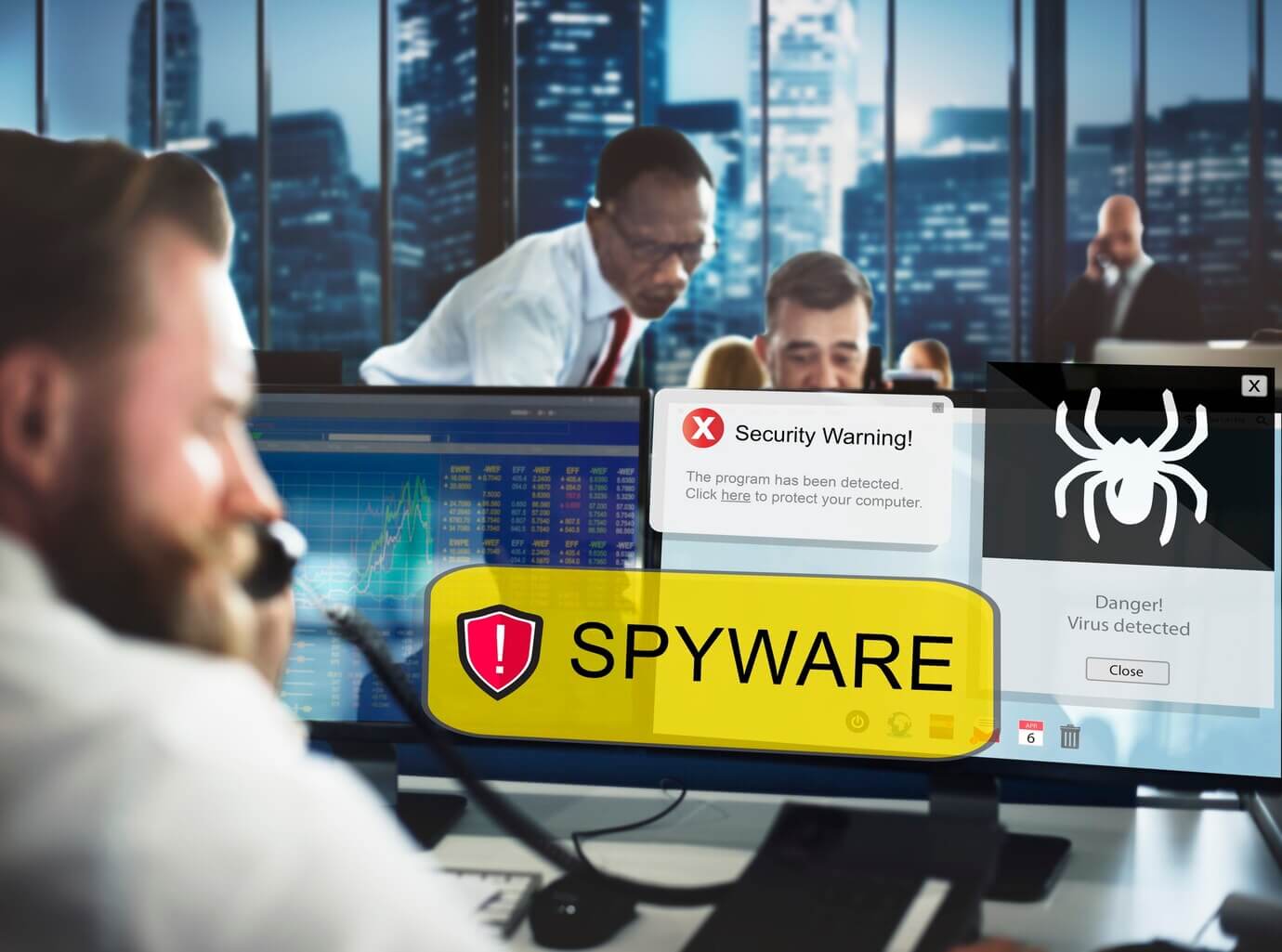 Spyware computer hacker virus malware. Pop-ups from WordPress security plugin about spyware on website