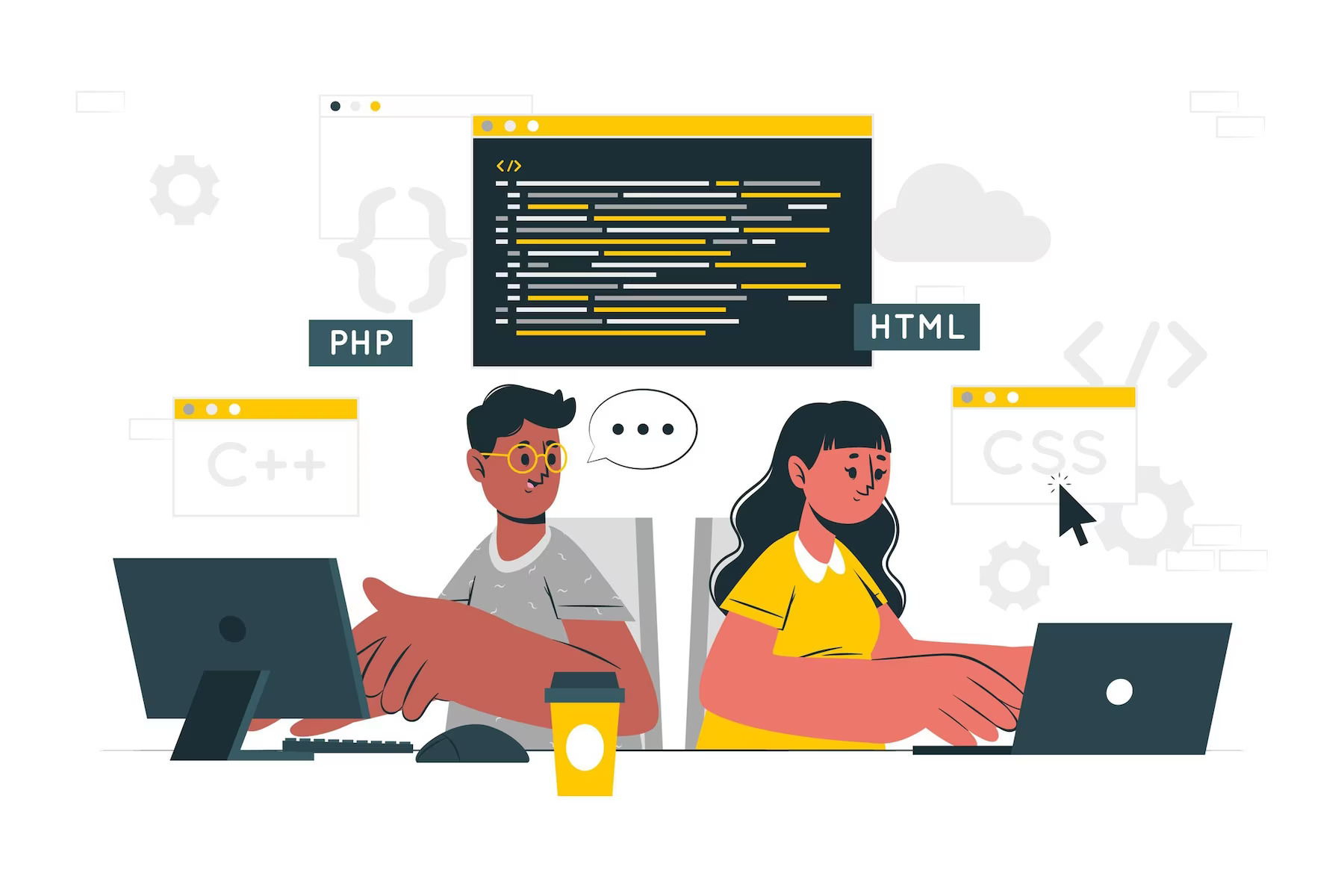 Two programmers working various staging websites to update WordPress files