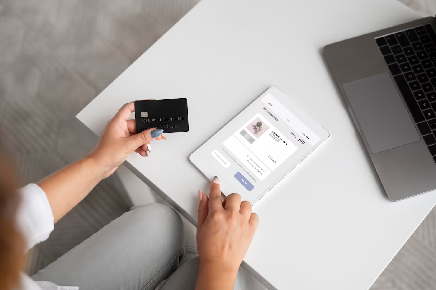 User accessing WooCommerce shop on tablet to buy a product
