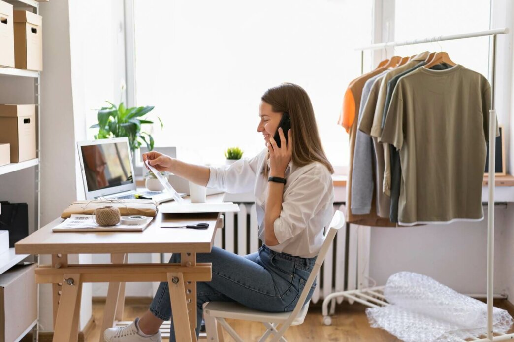 Woman sitting at the desk, talking over the phone about eCommerce maintenance services