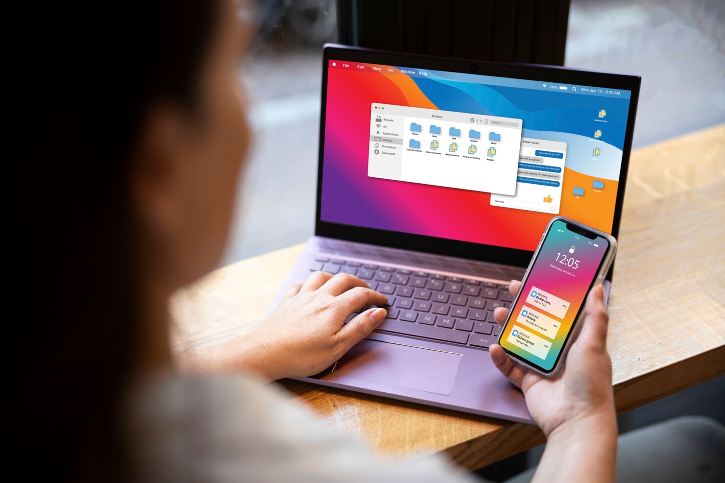 Woman testing mobile responsiveness. Comparing desktop and mobile