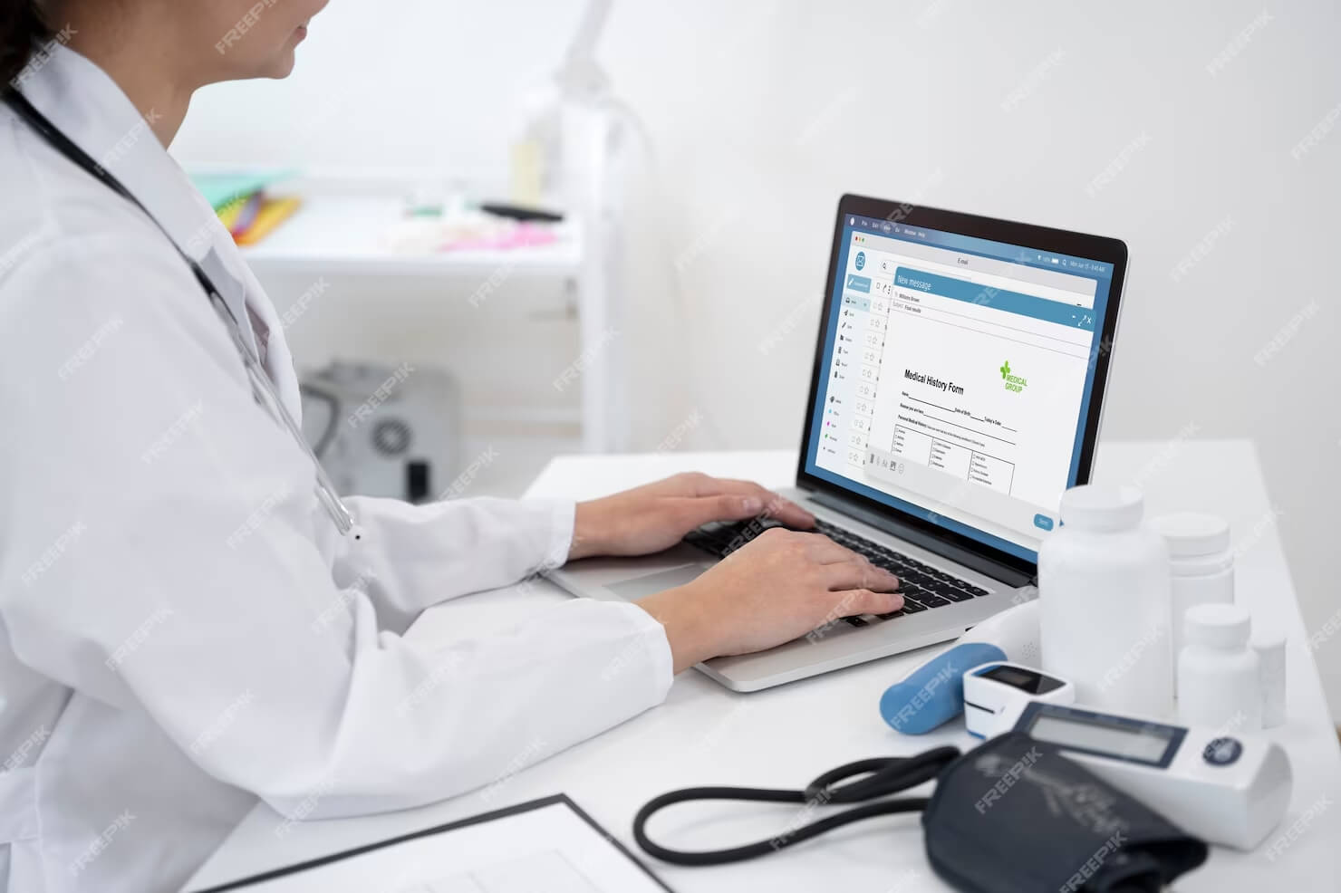 Woman-updating-patient-history-online