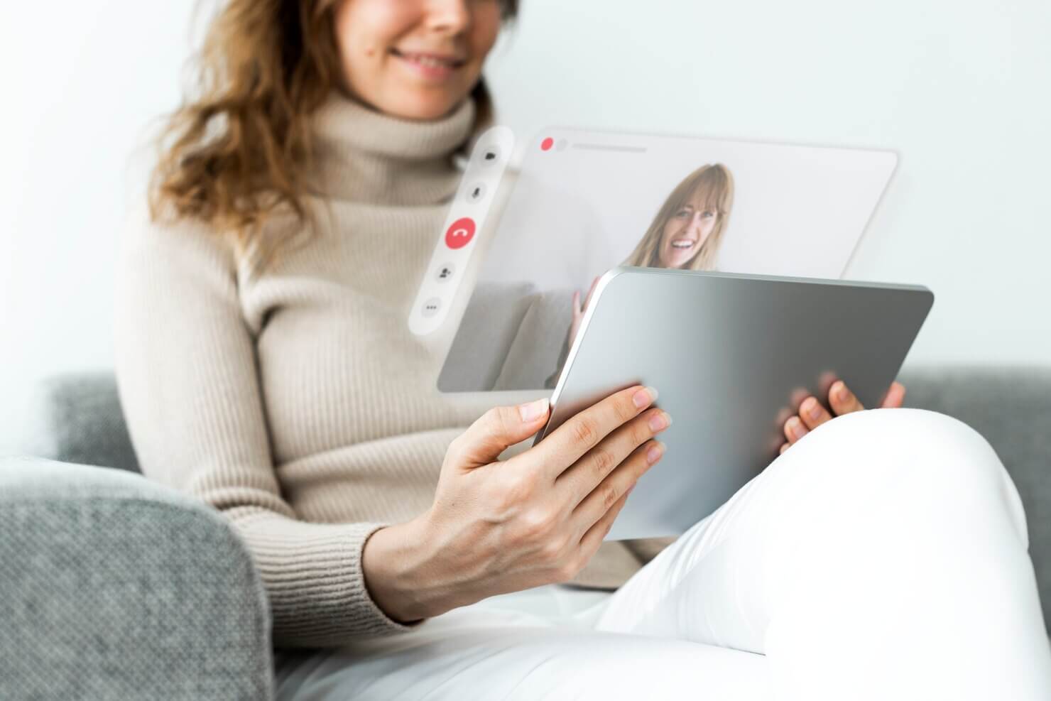 Woman using tablet for live chat. Customer support on website