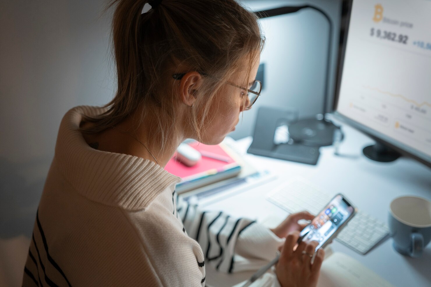 Woman working late at night running exploratory vs comparative testing