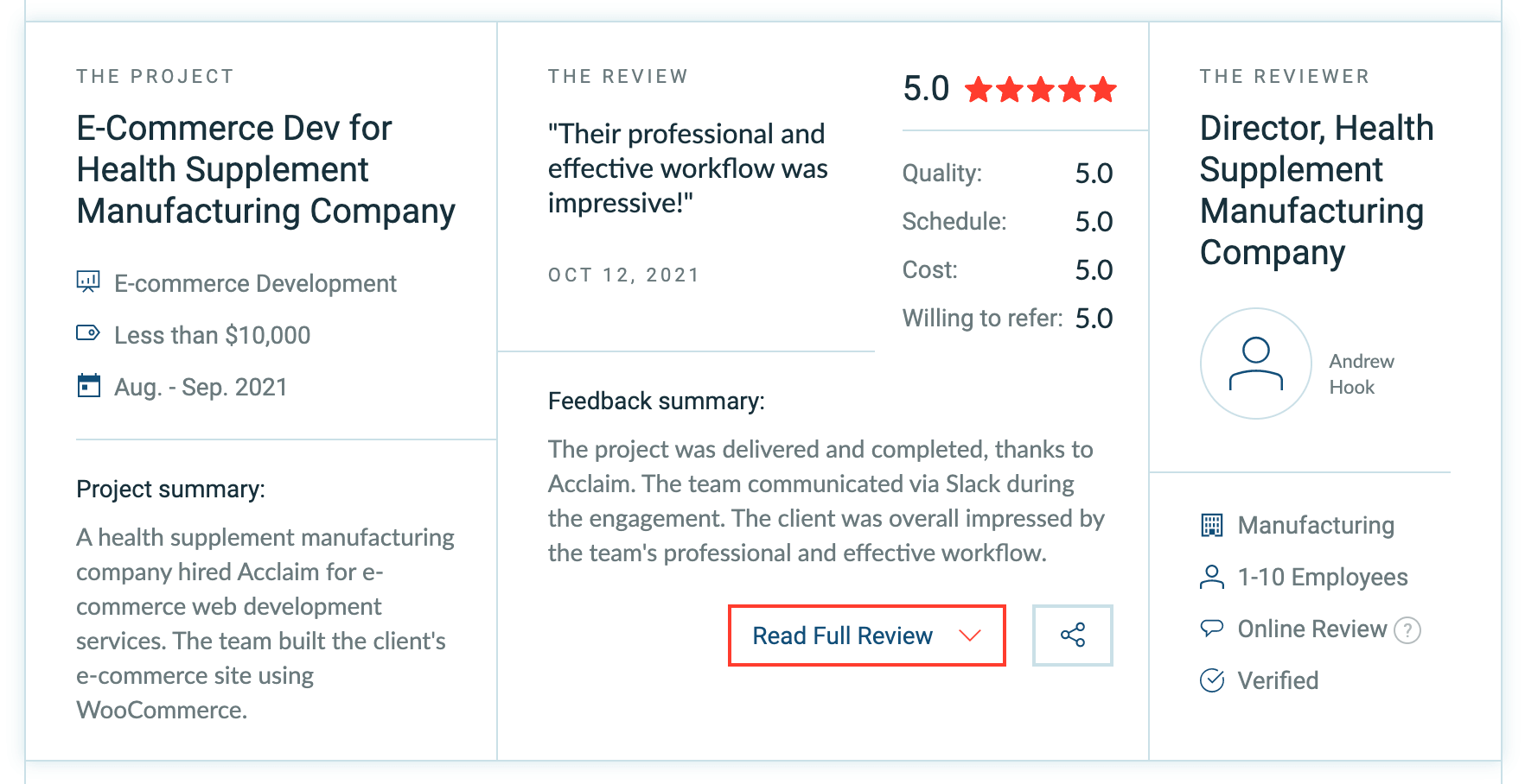Health Supplement Manufacturing Company review of Acclaim's WooCommerce development service