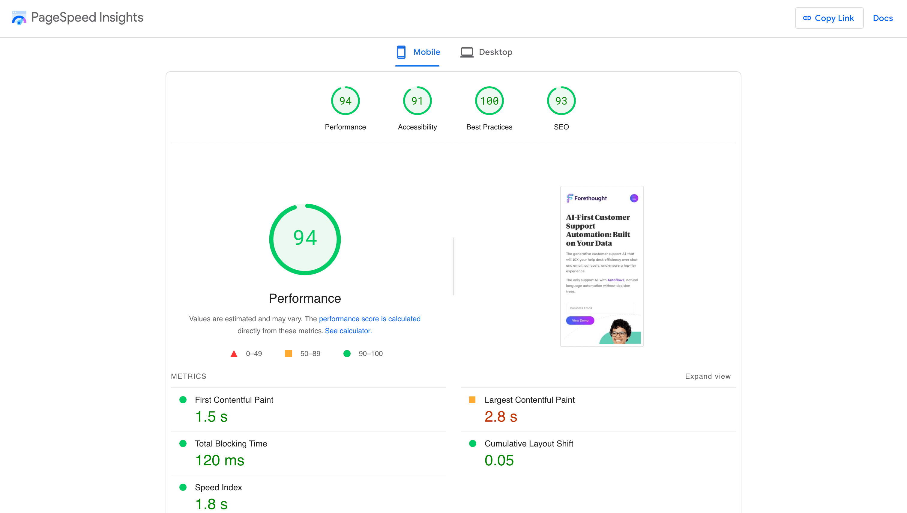 Google Page Speed Insights - mobile