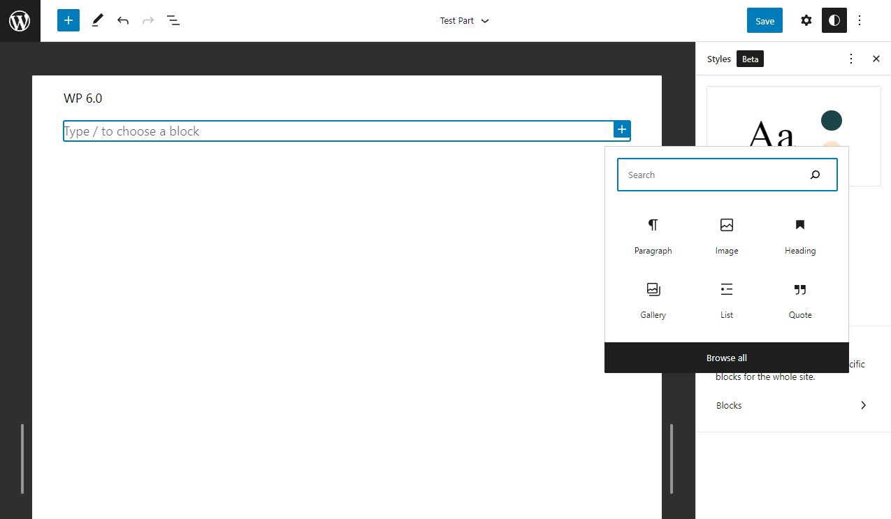 WordPress 6.0 - New Template Part Editor