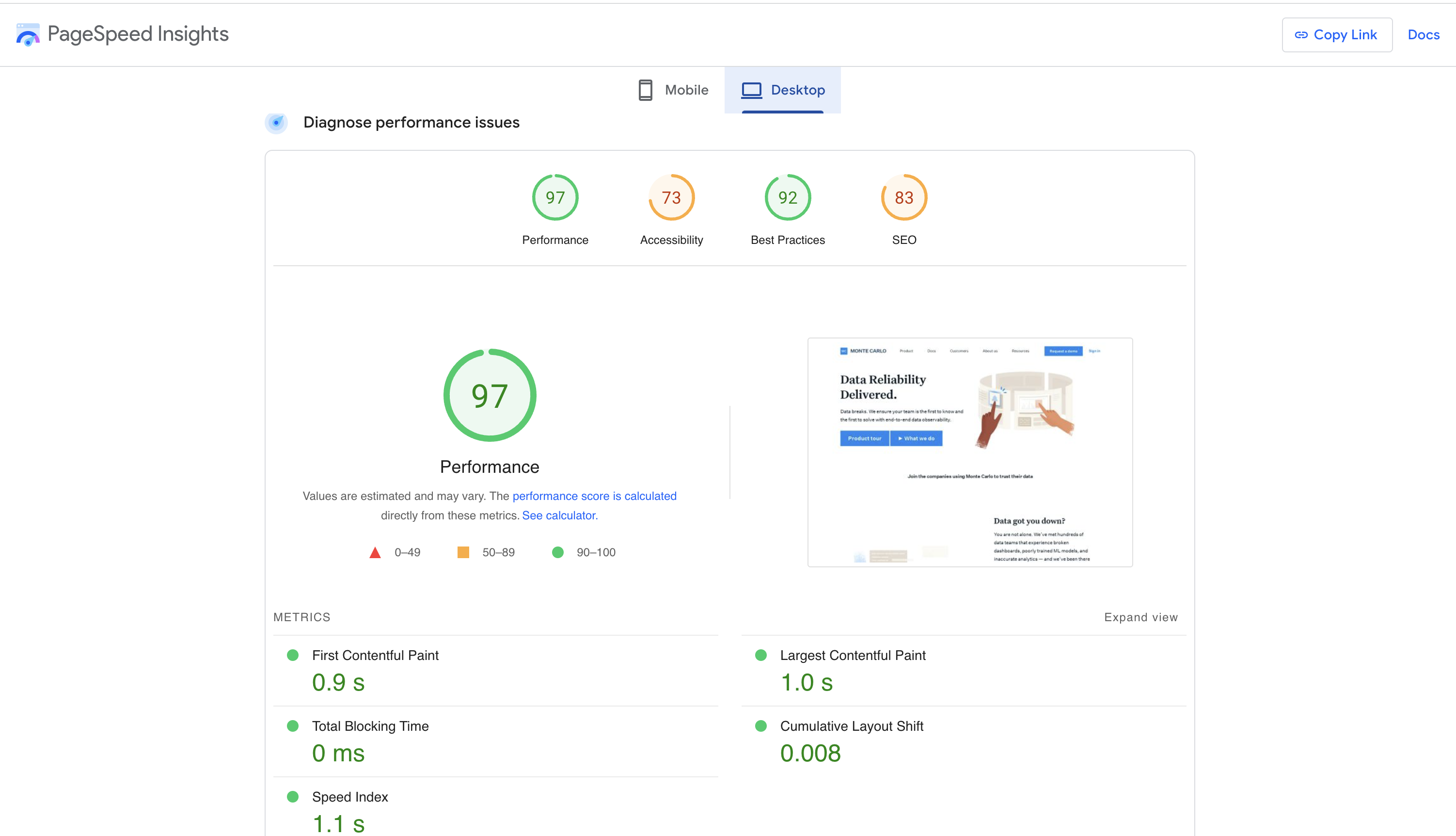 Monte Carlo - PageSpeed desktop results
