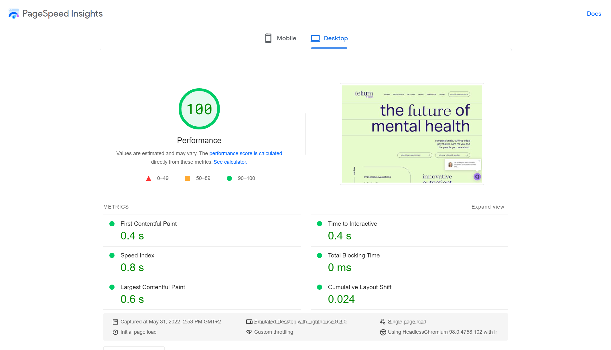 PageSpeed Insights - Desktop results