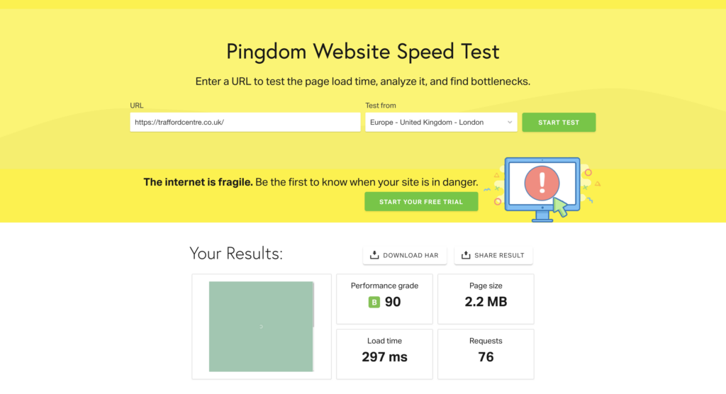 Pingdom - speed test results