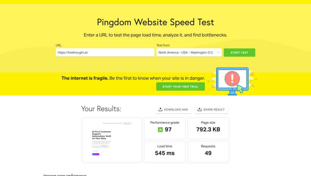 Pingdom speed test results