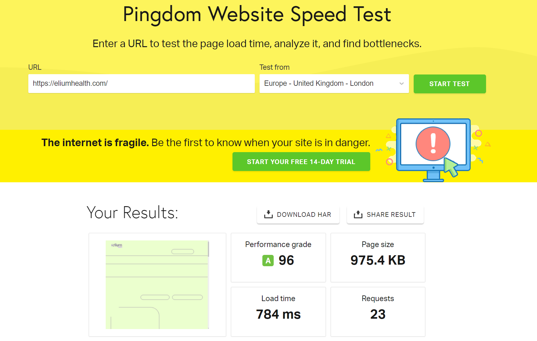 pingdom website speed test - elium health