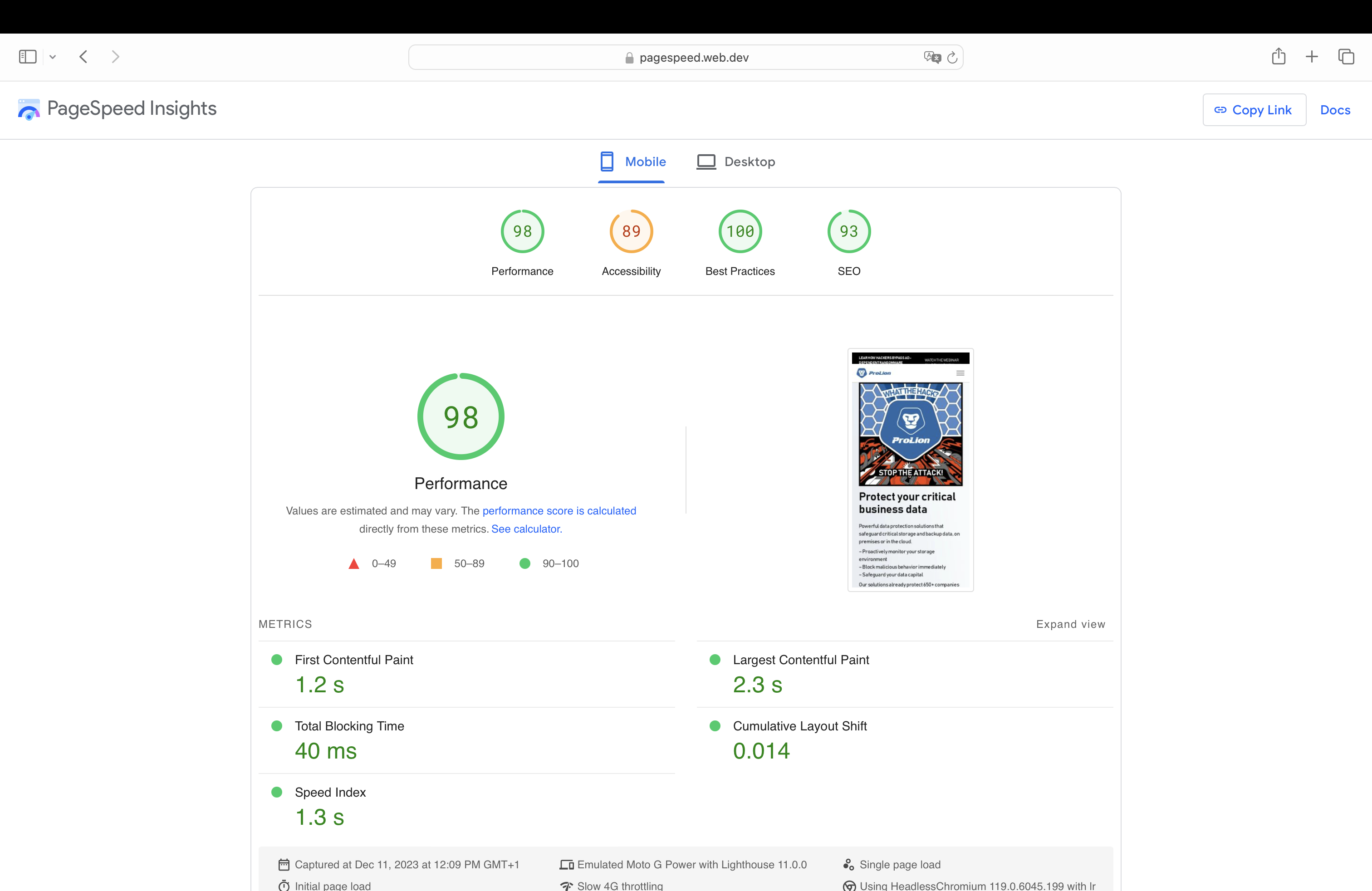 Mobile results from Google PageSpeed Insights