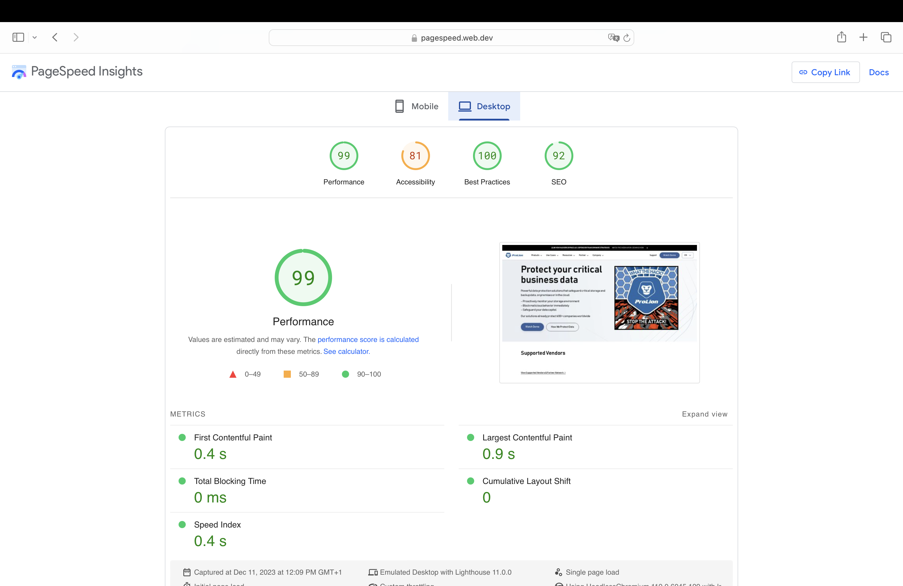 Desktop results from Google PageSpeed Insights