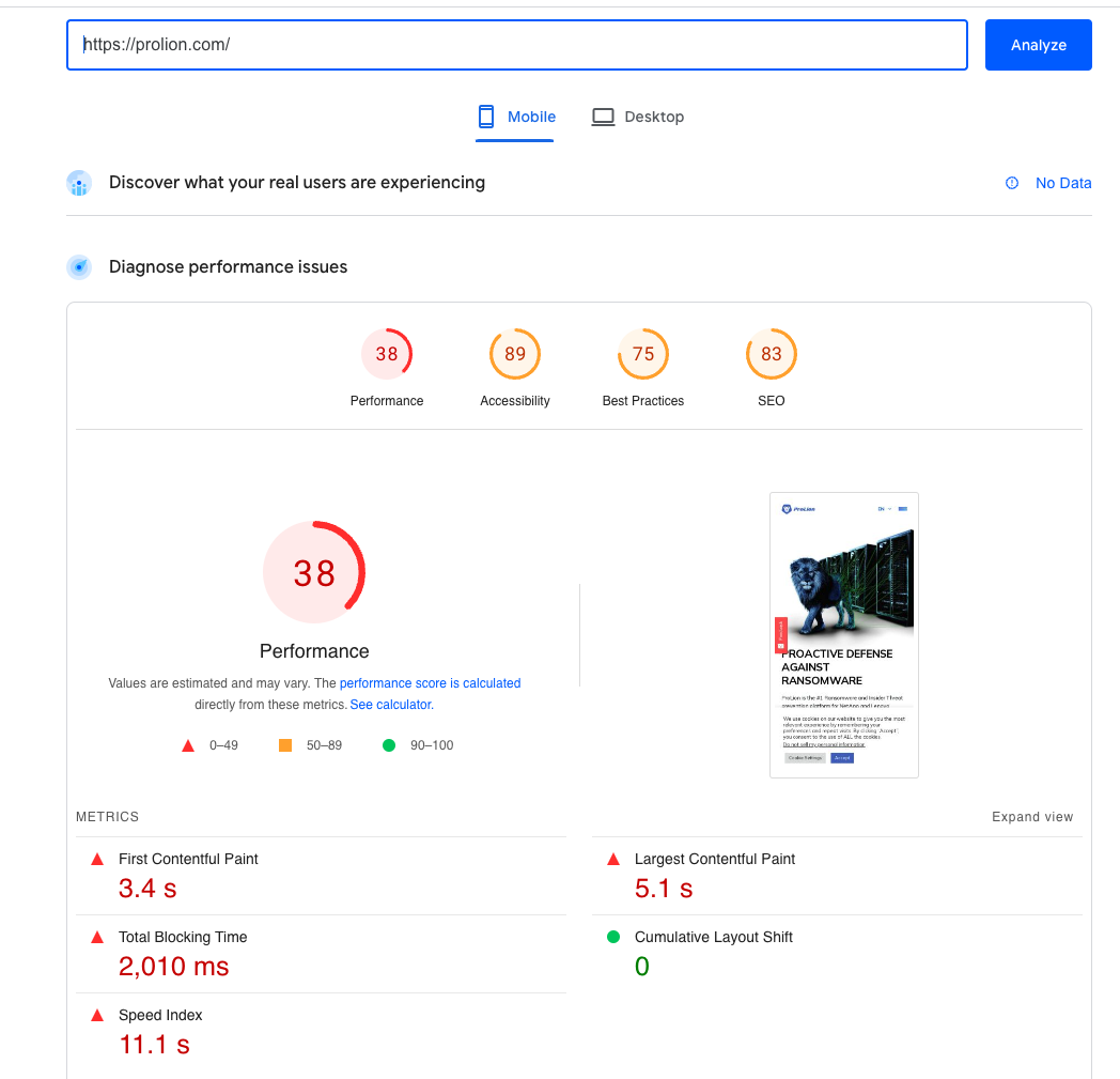 Mobile results from Google Page Speed Insights