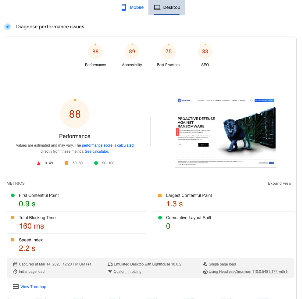 Desktop results from Google PageSpeed Insights