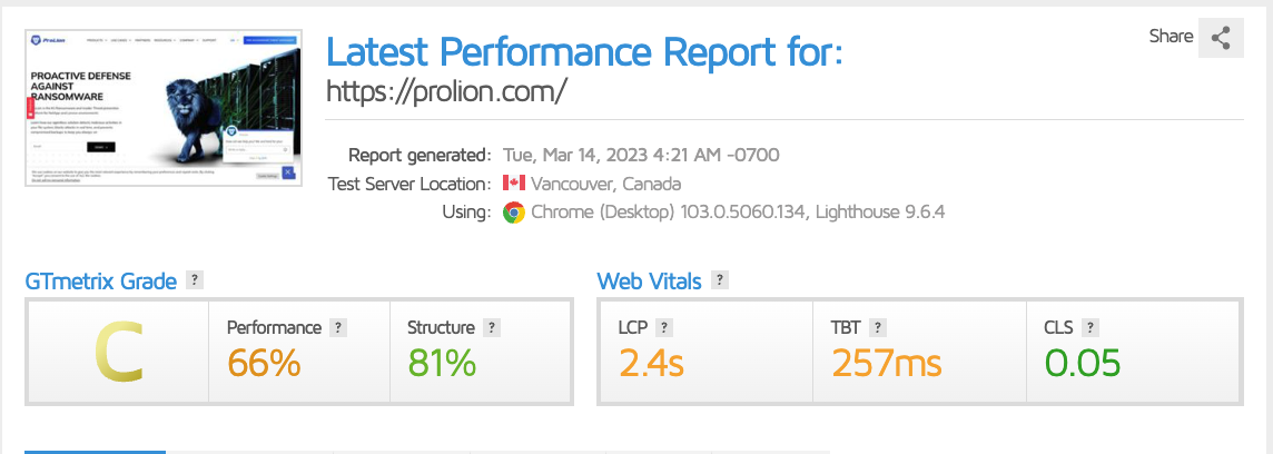 GTmetrix website results