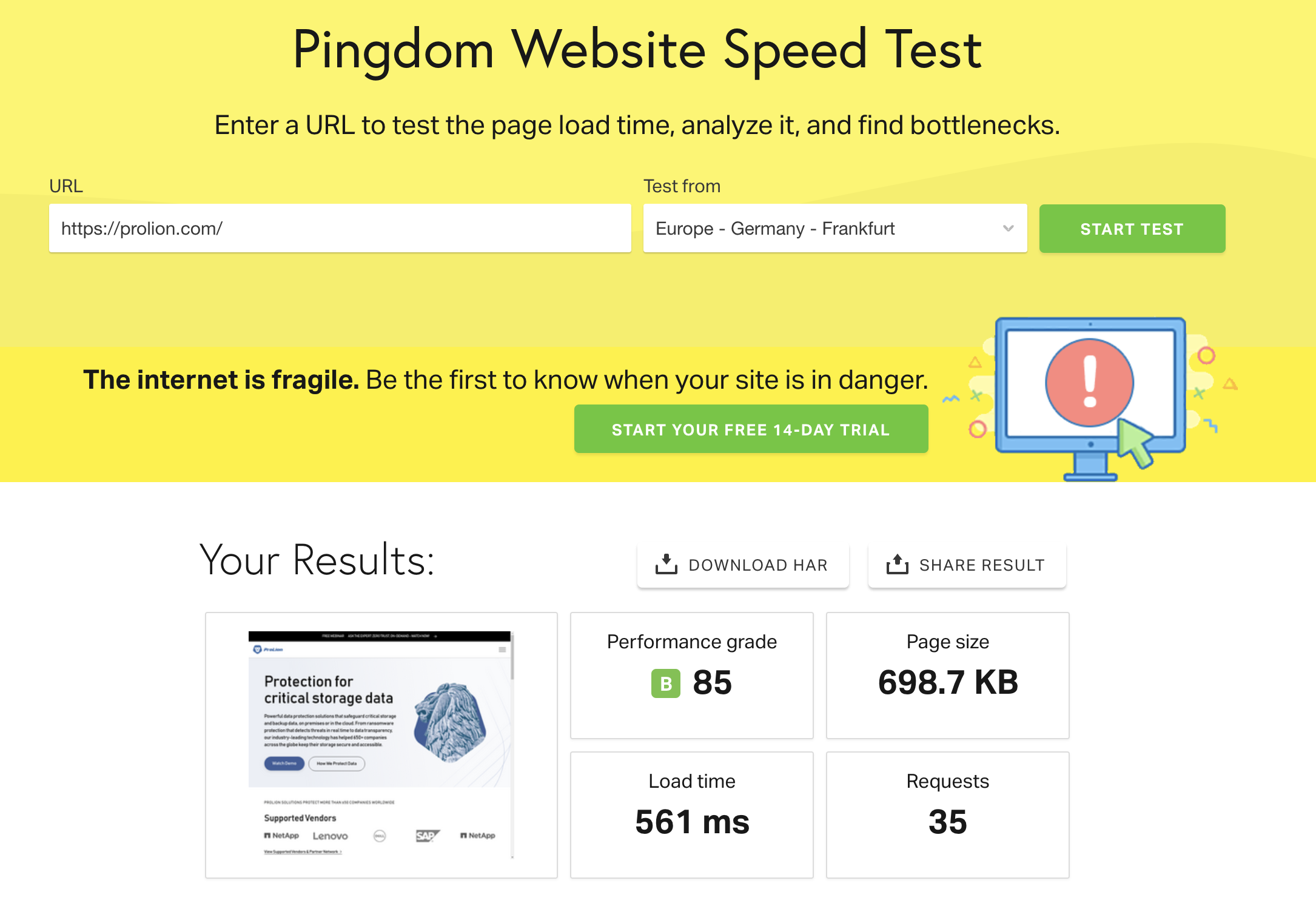Pingdom website speed test results